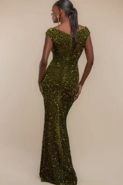Multi Sequin & Velvet Bardot Maxi Dress - Olive Green by Goddiva