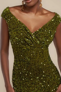 Multi Sequin & Velvet Bardot Maxi Dress - Olive Green by Goddiva