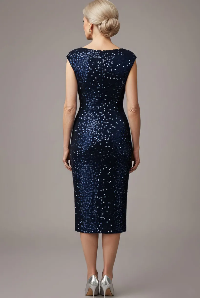 Multi Sequin & Velvet Bardot Midi Dress - Navy Blue by Goddiva