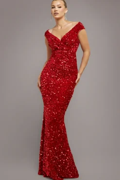 Multi Sequin & Velvet Bardot Maxi Dress - Red by Goddiva