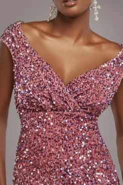 Multi Sequin & Velvet Bardot Maxi Dress - Blush Pink by Goddiva