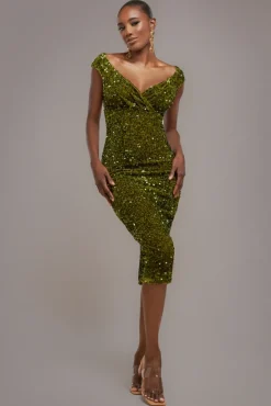 Multi Sequin & Velvet Bardot Midi Dress - Olive Green by Goddiva