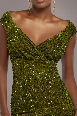 Multi Sequin & Velvet Bardot Midi Dress - Olive Green by Goddiva