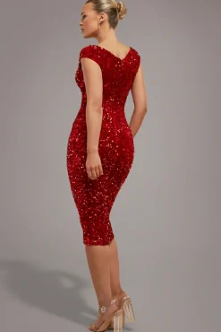 Multi Sequin & Velvet Bardot Midi Dress - Red by Goddiva