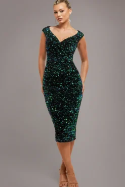 Multi Sequin & Velvet Bardot Midi - Emerald Green by Goddiva