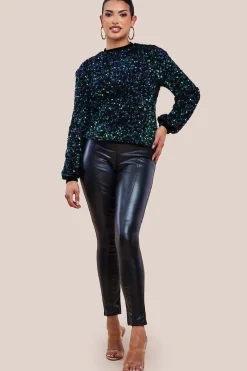 Multi Sequin Velvet Jumper - Emerald Green by Goddiva
