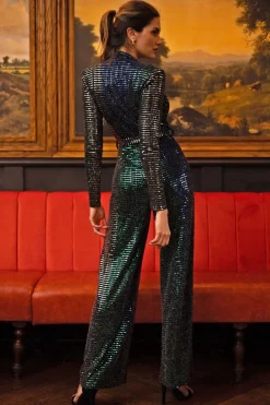 Multicolour Sequin Faux Wrap Long Sleeve Cocktail Jumpsuit by Angeleye