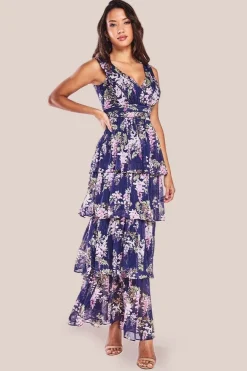 Multilayered Chiffon Maxi Dress - Navy Floral by Goddiva