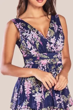 Multilayered Chiffon Maxi Dress - Navy Floral by Goddiva