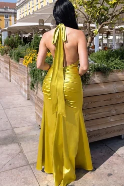 Multi-Tied Satin Gathered Ring Maxi Dress - Lime Green by Goddiva