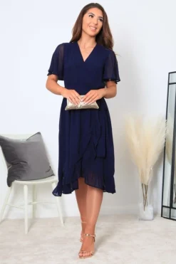 Navy Chiffon Wrap Dress With Tea Sleeve by Double Second