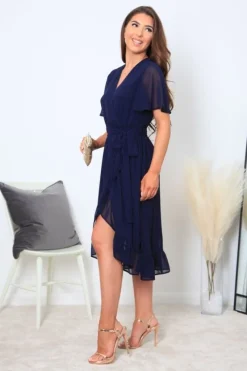 Navy Chiffon Wrap Dress With Tea Sleeve by Double Second