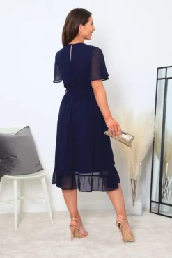 Navy Chiffon Wrap Dress With Tea Sleeve by Double Second