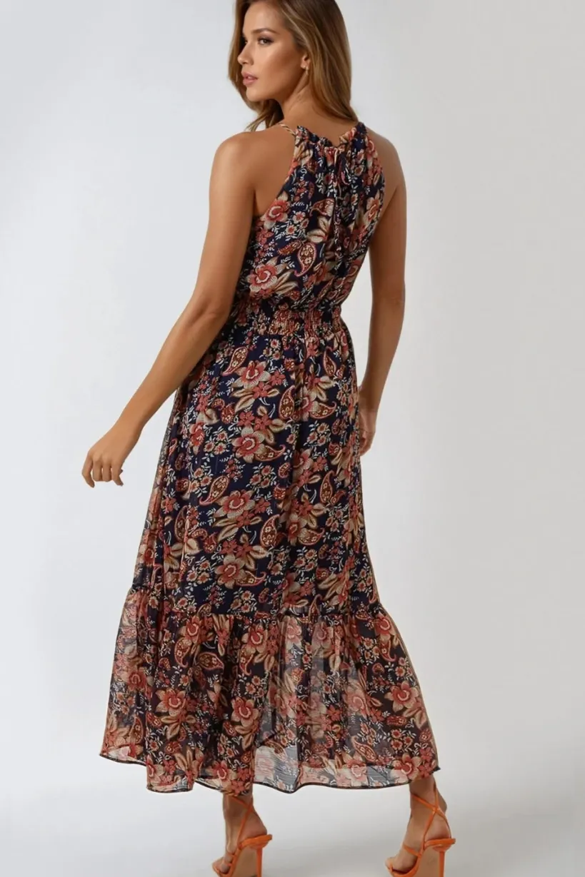 Navy Floral Print Halterneck Dress by Aftershock London