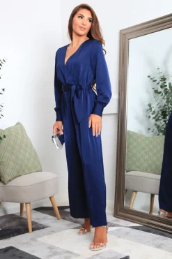 Navy Lux Satin Wrap Jumpsuit by Double Second