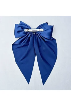 Navy Satin Hair Bow Navy Hair Clip Long Bow by QueenMee Accessories