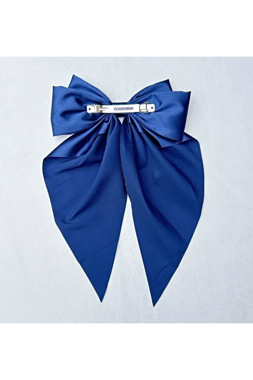 Navy Satin Hair Bow Navy Hair Clip Long Bow by QueenMee Accessories