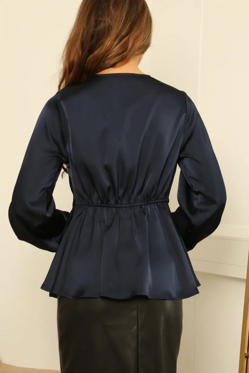 Navy Wrap Frill Front Satin Top by Double Second