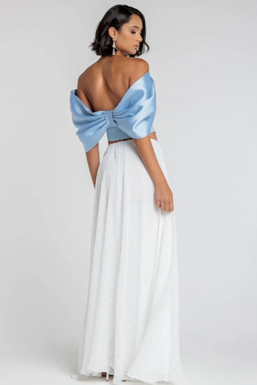 Off Shoulder Back Satin Bow Scuba Corset - Light Blue by Goddiva