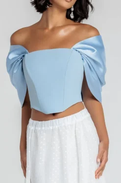 Off Shoulder Back Satin Bow Scuba Corset - Light Blue by Goddiva