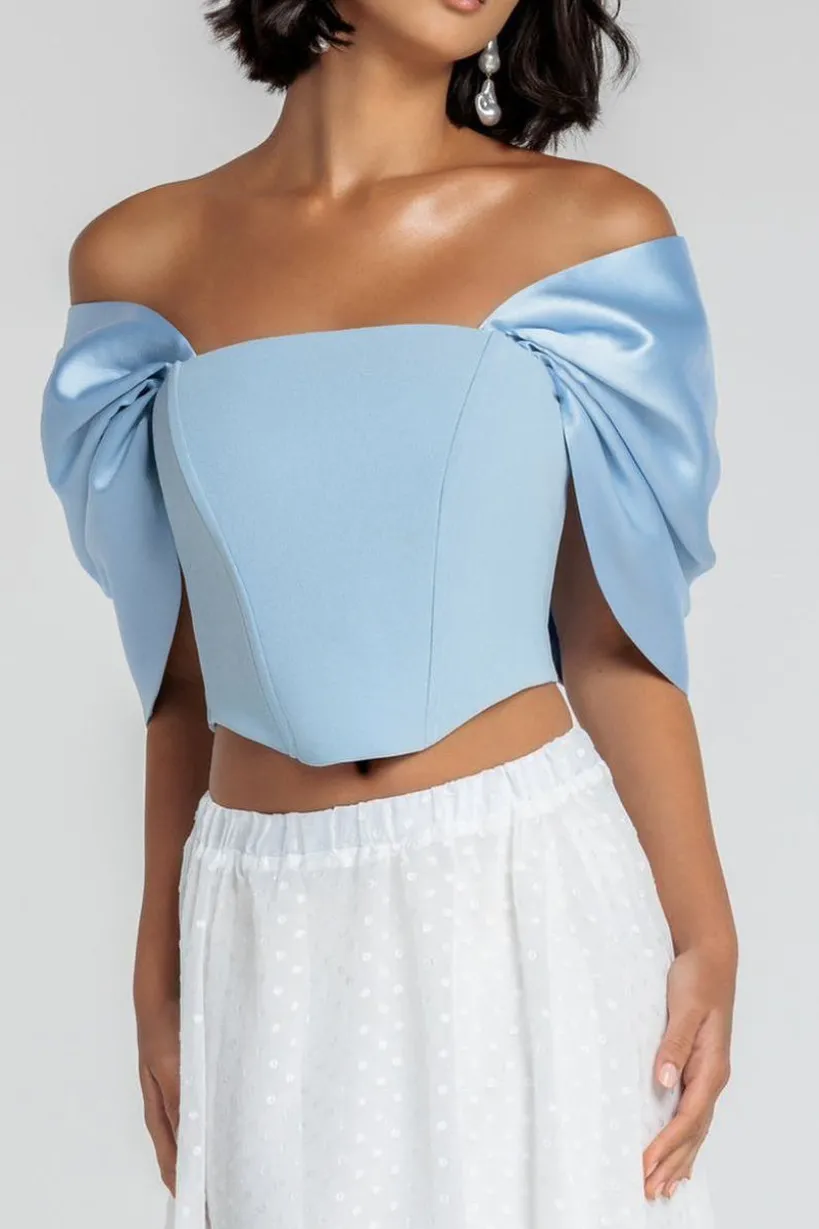 Off Shoulder Back Satin Bow Scuba Corset - Light Blue by Goddiva
