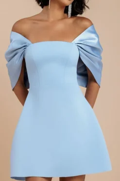 Off Shoulder Back Satin Bow Scuba Mini Dress - Light Blue by Goddiva