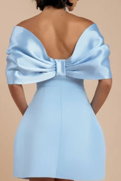 Off Shoulder Back Satin Bow Scuba Mini Dress - Light Blue by Goddiva