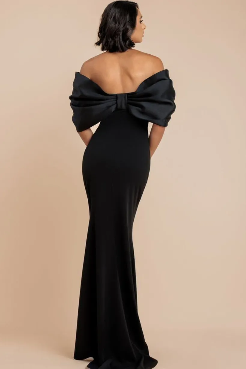 Off Shoulder Back Satin Bow Scuba Maxi Dress - Black by Goddiva