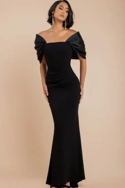 Off Shoulder Back Satin Bow Scuba Maxi Dress - Black by Goddiva