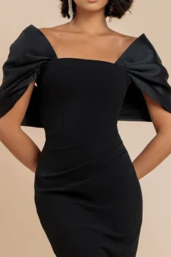 Off Shoulder Back Satin Bow Scuba Maxi Dress - Black by Goddiva