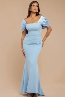 Off Shoulder Back Satin Bow Scuba Maxi Dress - Light Blue by Goddiva