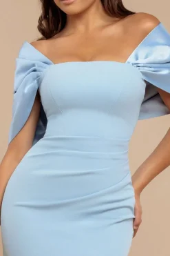 Off Shoulder Back Satin Bow Scuba Maxi Dress - Light Blue by Goddiva