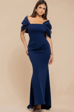 Off Shoulder Back Satin Bow Scuba Maxi Dress - Navy Blue by Goddiva