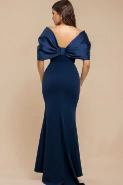 Off Shoulder Back Satin Bow Scuba Maxi Dress - Navy Blue by Goddiva