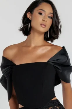 Off Shoulder Back Satin Bow Scuba Corset - Black by Goddiva