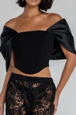 Off Shoulder Back Satin Bow Scuba Corset - Black by Goddiva