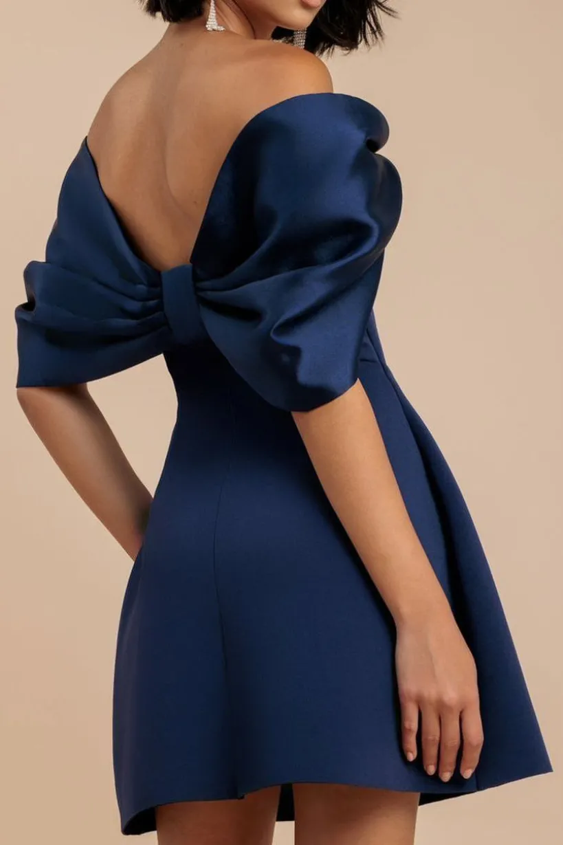 Off Shoulder Back Satin Bow Scuba Mini Dress - Navy Blue by Goddiva