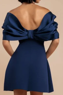 Off Shoulder Back Satin Bow Scuba Mini Dress - Navy Blue by Goddiva