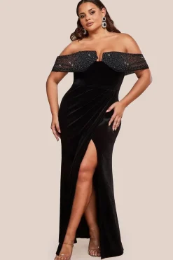 Off Shoulder Hotfix Diamante Wing Velvet Maxi Dress - Black by Goddiva Plus