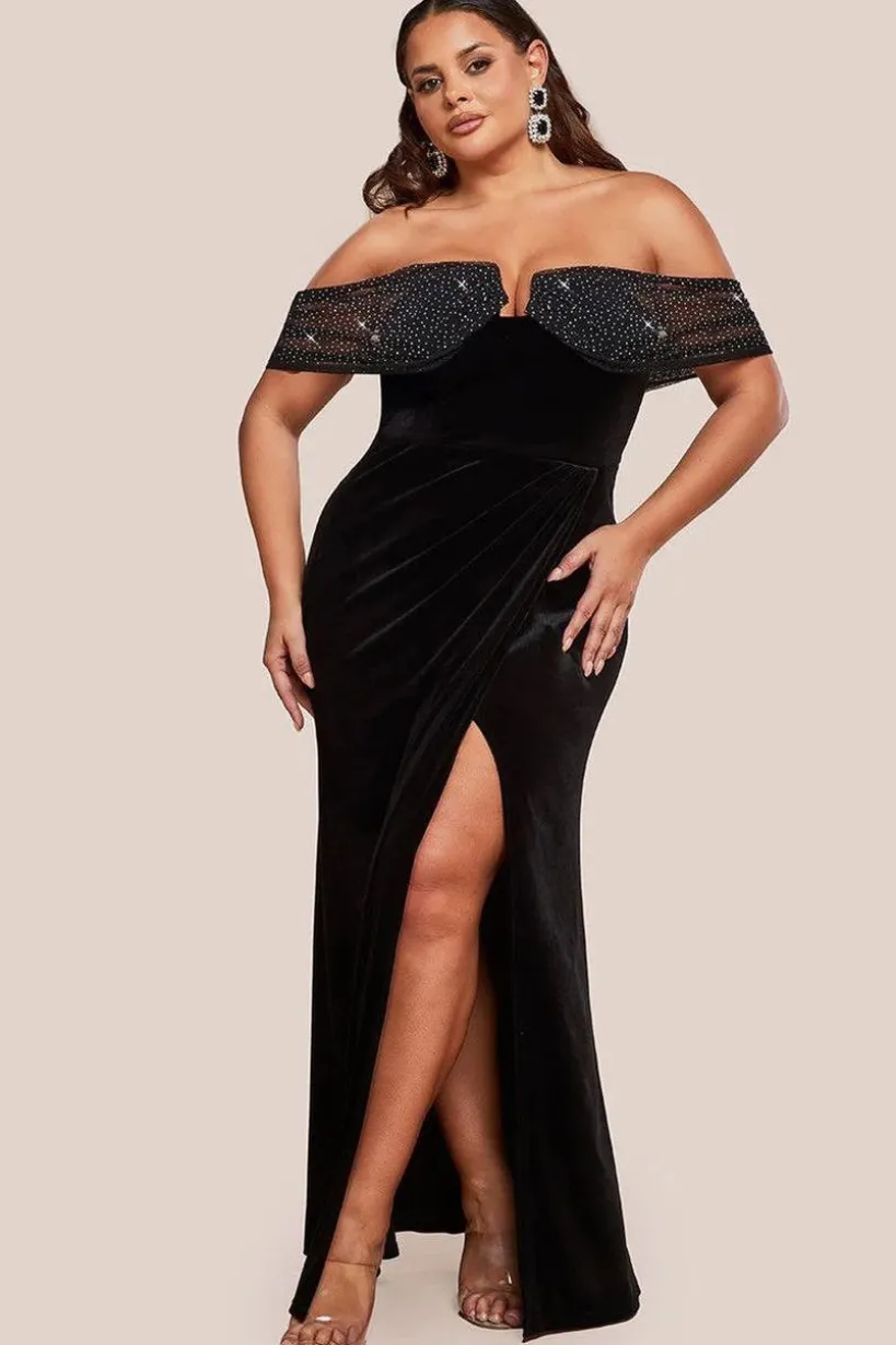 Off Shoulder Hotfix Diamante Wing Velvet Maxi Dress - Black by Goddiva Plus