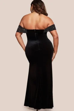 Off Shoulder Hotfix Diamante Wing Velvet Maxi Dress - Black by Goddiva Plus
