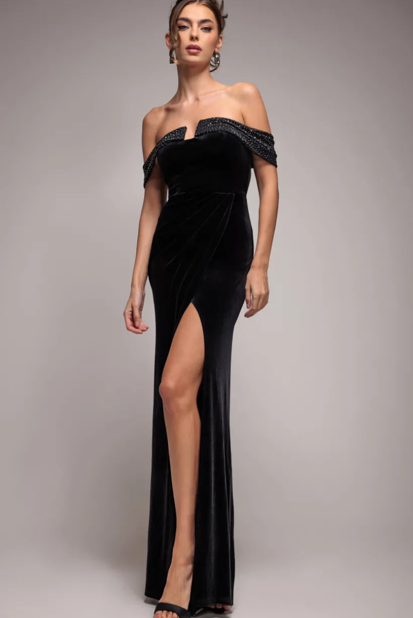 Off Shoulder Hotfix Diamante Wing Velvet Maxi Dress - Black by Goddiva