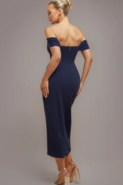 Off The Shoulder Chiffon Wing Scuba Crepe Midi Dress - Navy Blue by Goddiva