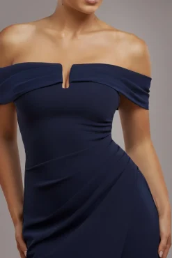 Off The Shoulder Chiffon Wing Scuba Crepe Midi Dress - Navy Blue by Goddiva