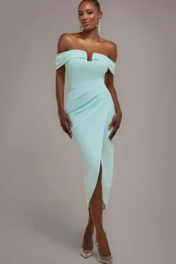 Off The Shoulder Chiffon Wing Scuba Crepe Midi Dress - Mint Green by Goddiva