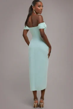 Off The Shoulder Chiffon Wing Scuba Crepe Midi Dress - Mint Green by Goddiva