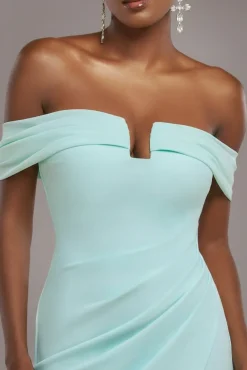 Off The Shoulder Chiffon Wing Scuba Crepe Midi Dress - Mint Green by Goddiva