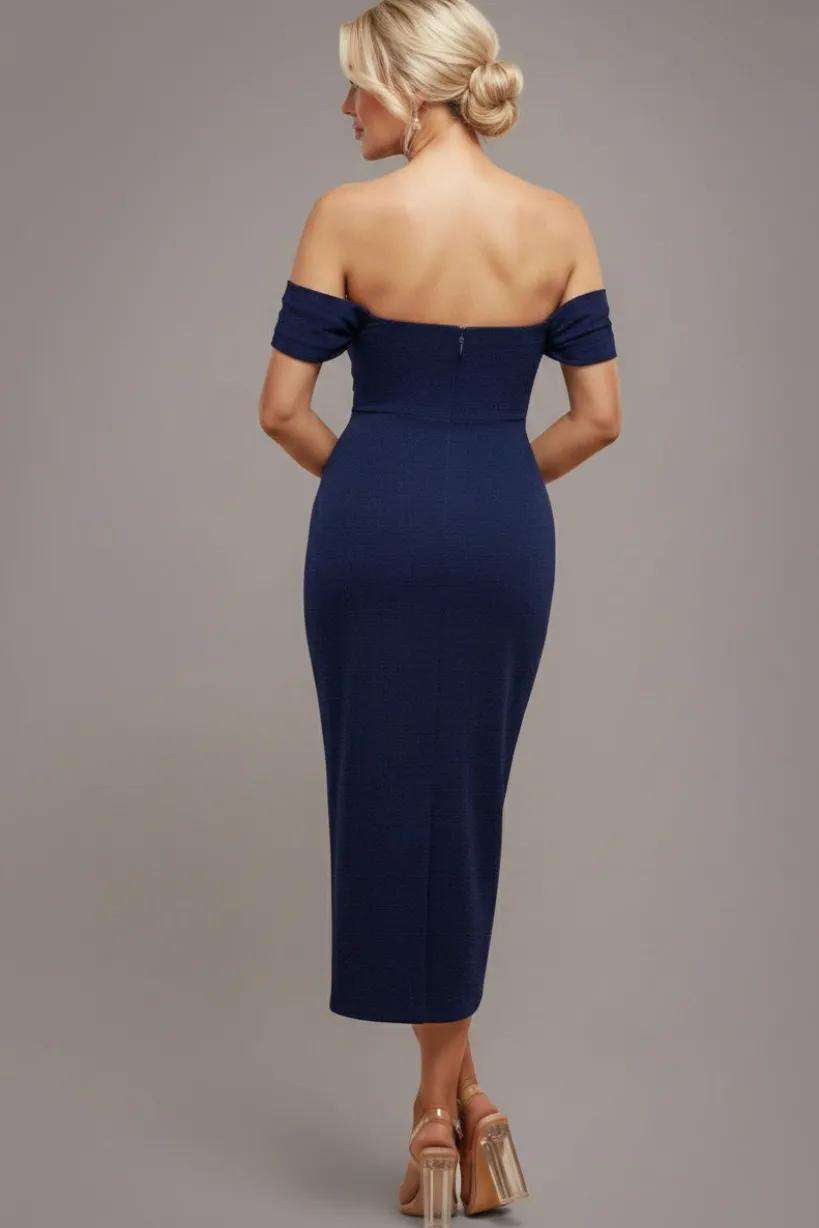 Off The Shoulder Chiffon Wing Scuba Crepe Midi Dress - Navy Blue by Goddiva