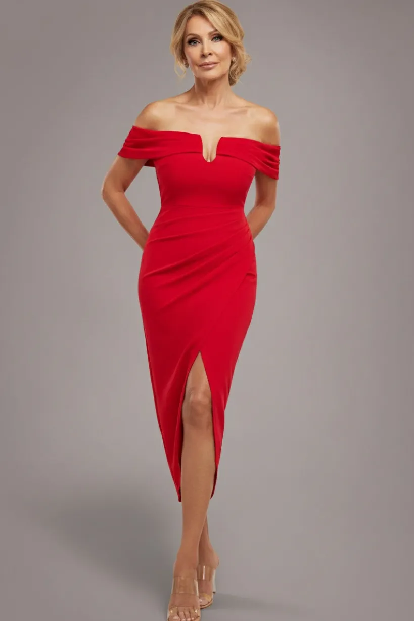 Off The Shoulder Chiffon Wing Scuba Crepe Midi Dress - Red by Goddiva