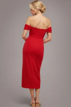 Off The Shoulder Chiffon Wing Scuba Crepe Midi Dress - Red by Goddiva
